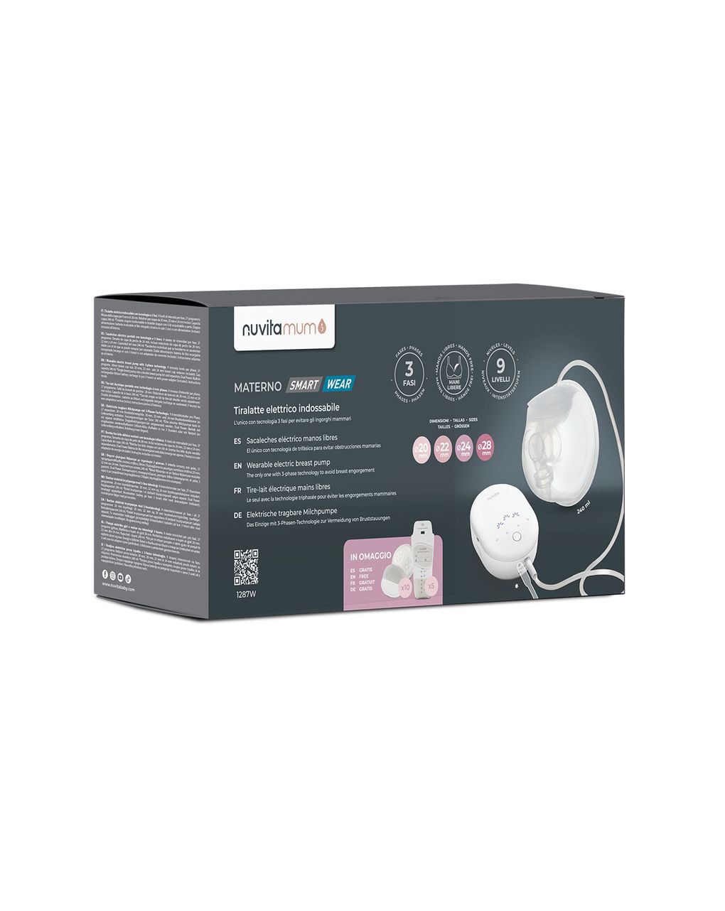 Tiralatte elettrico indossabile singolo a 3 fasi materno smart wear 1287w - nuvita