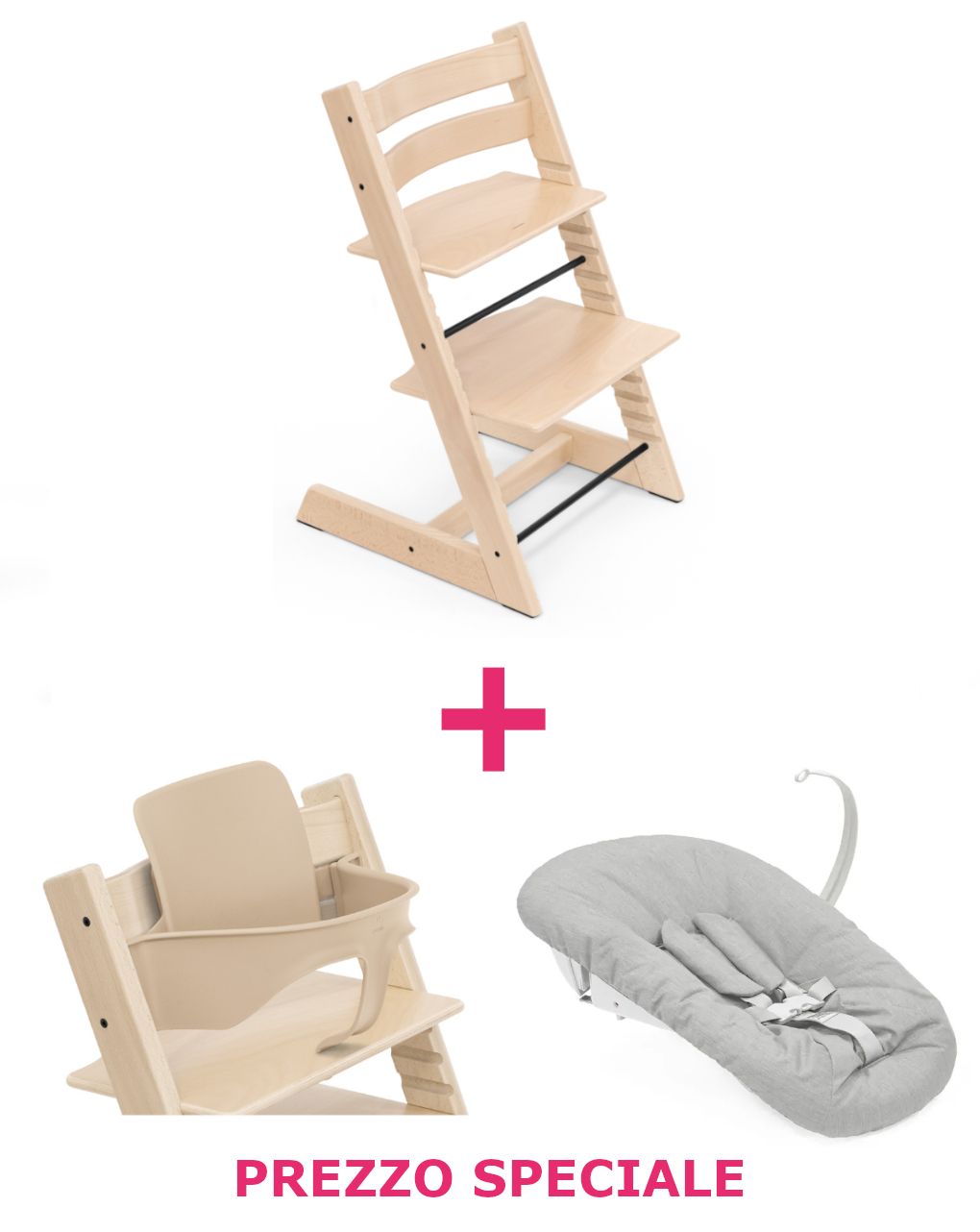 Tripp trapp® naturale + babyset + newborn set grigio a un prezzo speciale – personalizzabile – stokke®