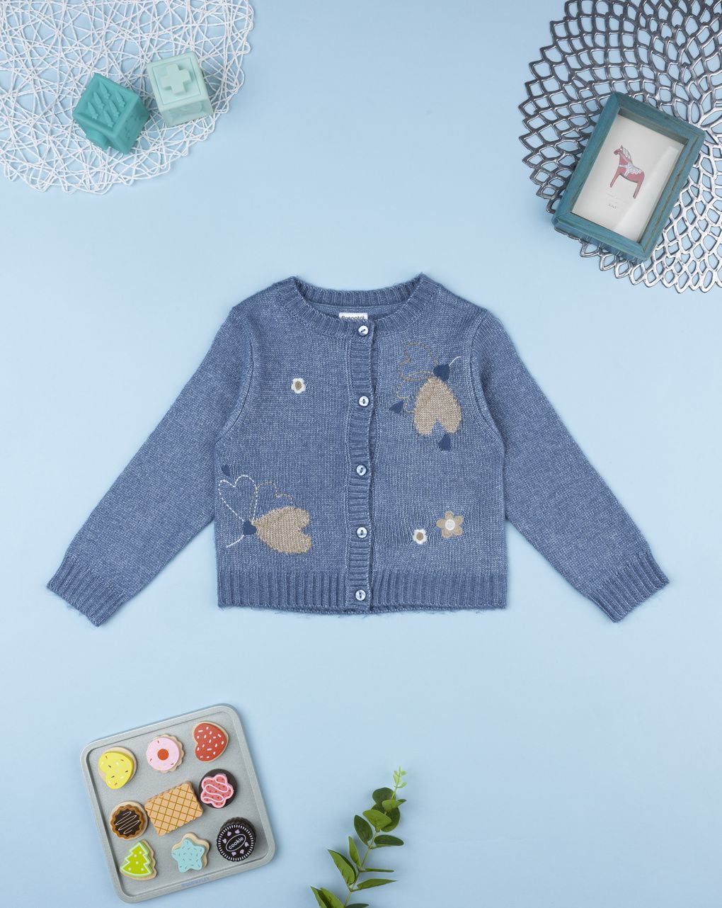 Maglione bambina blu denim con ricami