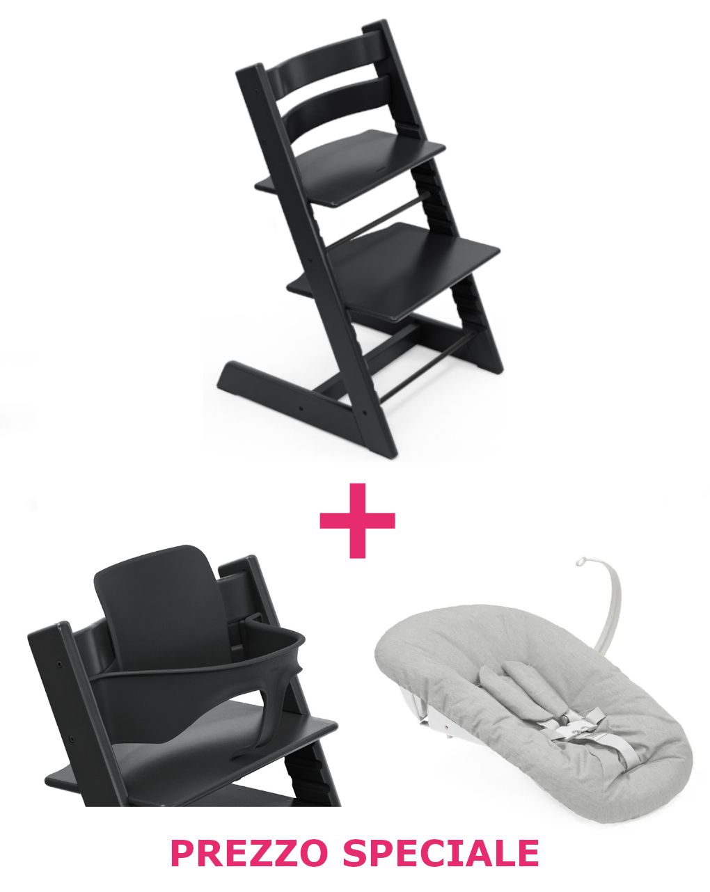 Tripp trapp® nero + babyset + newborn set antracite a un prezzo speciale – personalizzabile – stokke®