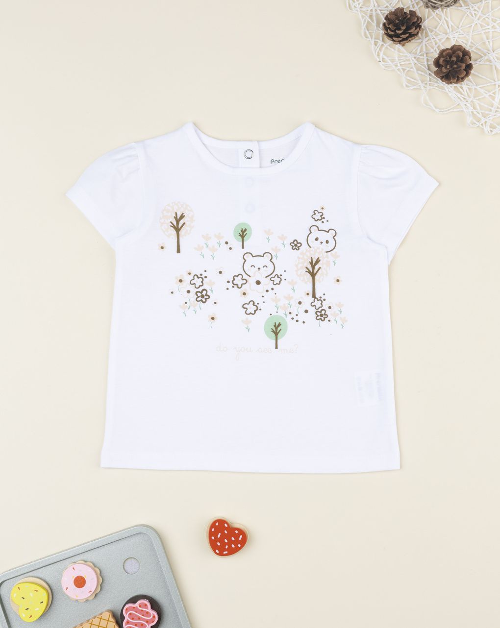 T-shirt bimba bianca stampa wood