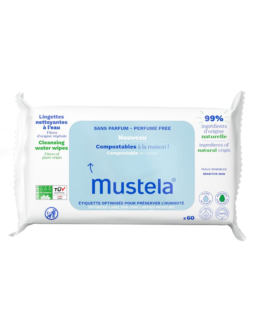 Salviette compostabili all'acqua senza profumo 60 pezzi - mustela