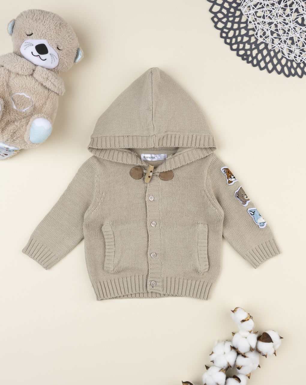Cardigan beige bimbo con cappuccio