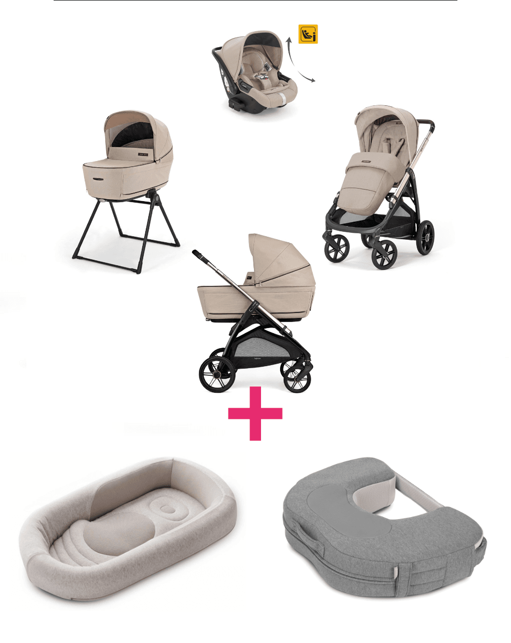 Trio inglesina system4 aptica darwin pashmina beige con telaio palladio + welcome pod quiet beige + cuscino allattamento elysia™ harmony grey a un prezzo speciale