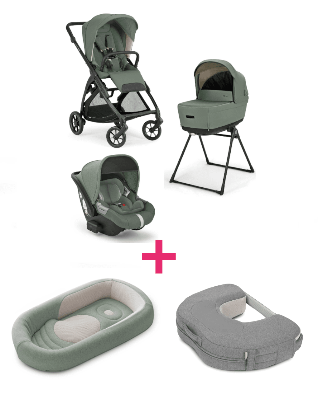 Trio inglesina system4 electa darwin  murray green con telaio total black + welcome pod balance green + cuscino allattamento elysia™ harmony grey a un prezzo speciale