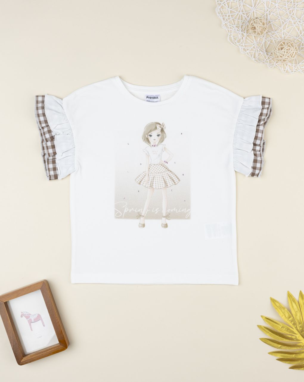 T-shirt bianca bambina vichy marrone