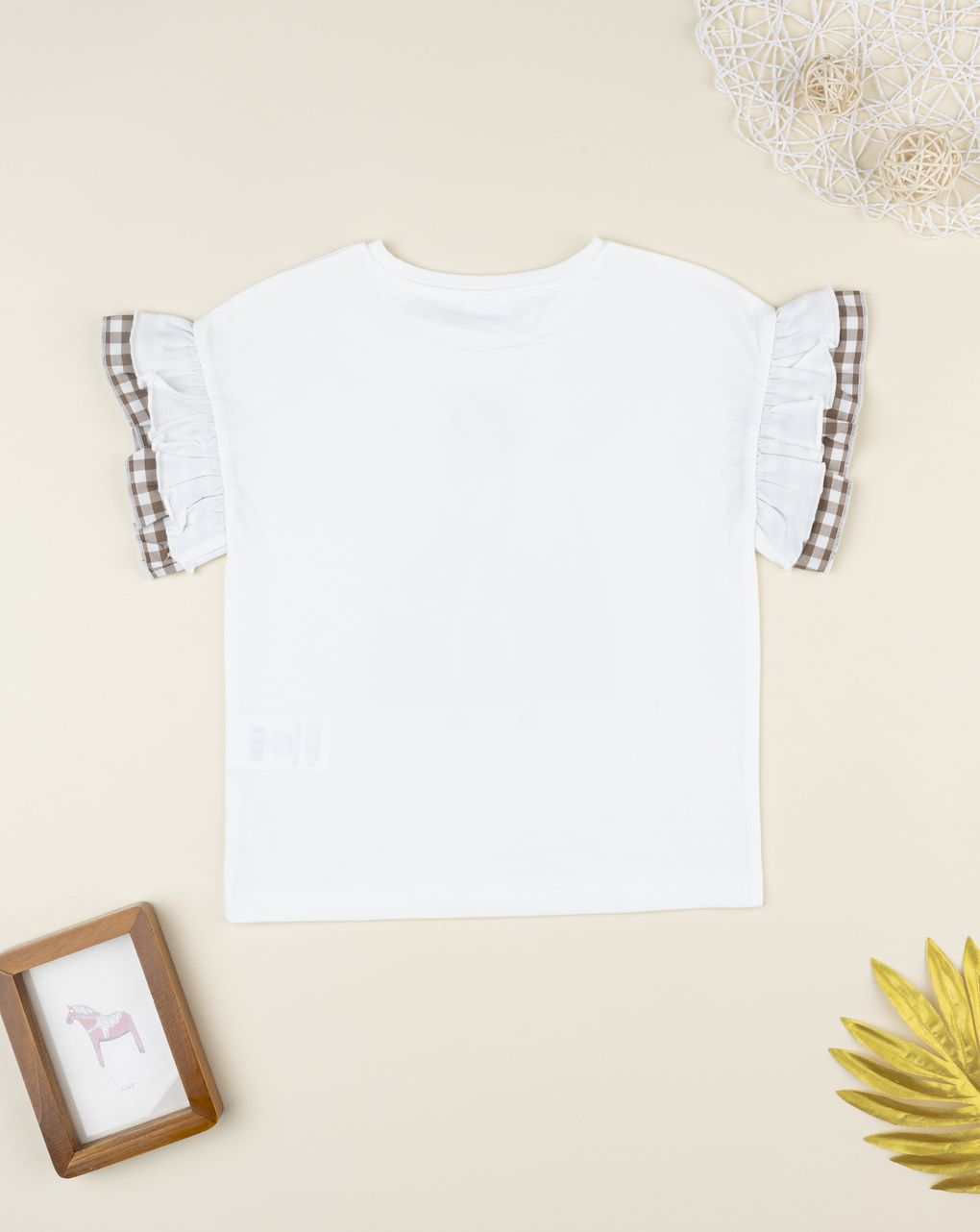 T-shirt bianca bambina vichy marrone