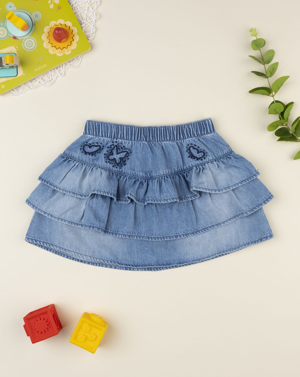 Gonna bimba blu denim ricami