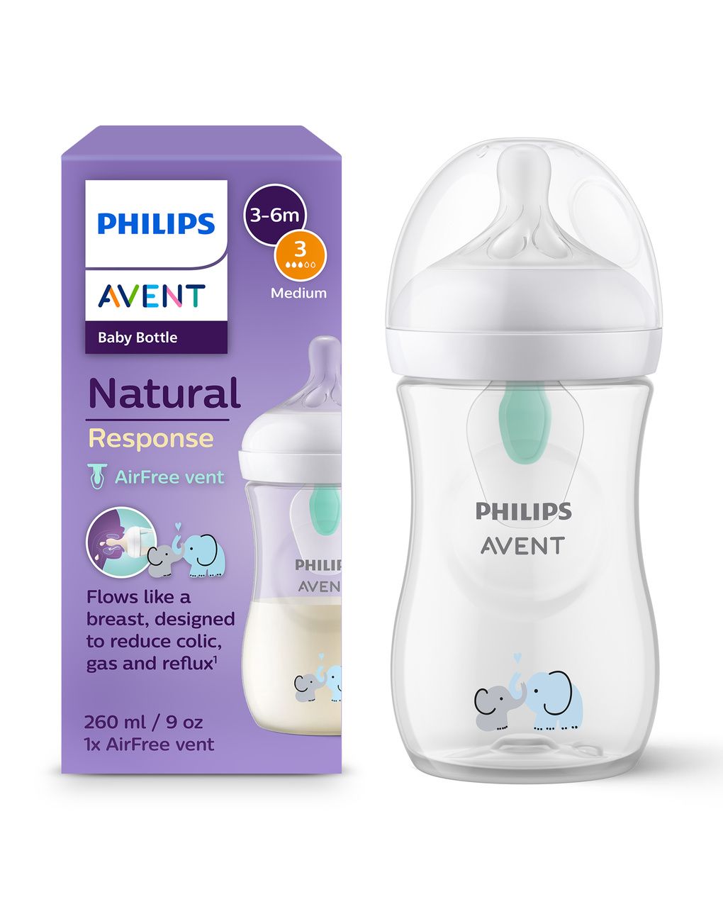 Biberon natural con tettarella a risposta naturale e valvola airfree decorazione elefanti da 260 ml 1m+ | senza bpa - philips avent