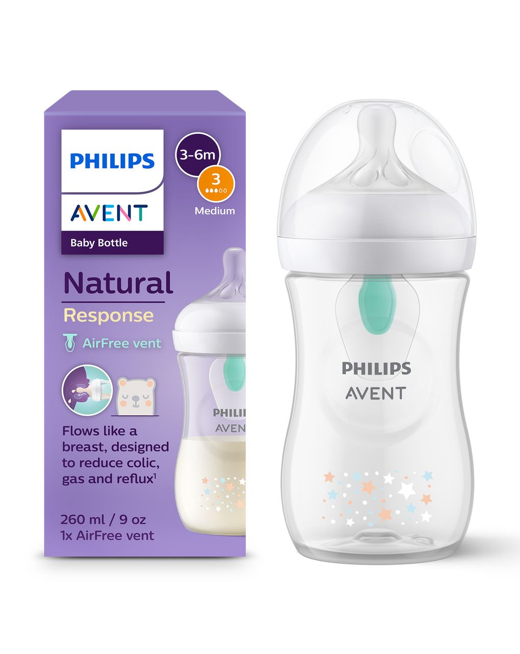 Biberon natural con tettarella a risposta naturale e valvola airfree  decorazione orsetto da 260 ml 1m+ | senza bpa - philips avent
