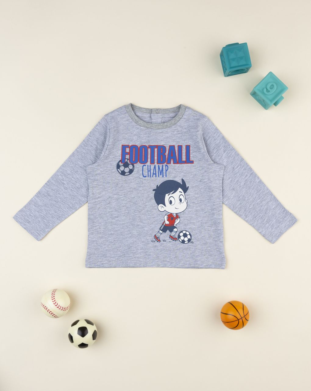 T-shirt bimbo grigia stampa football
