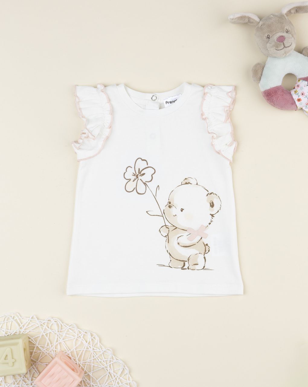 T-shirt bimba bianca stampa maniche frill