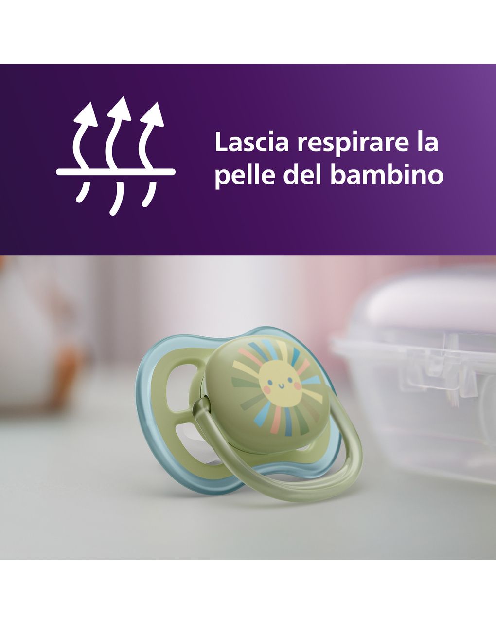 Set: un biberon natural response 125ml con tettarella flusso 2 (lento) 0-3m e un succhietto ultra air deco sole 0-6m. 1 set: scd837/10 - philips avent