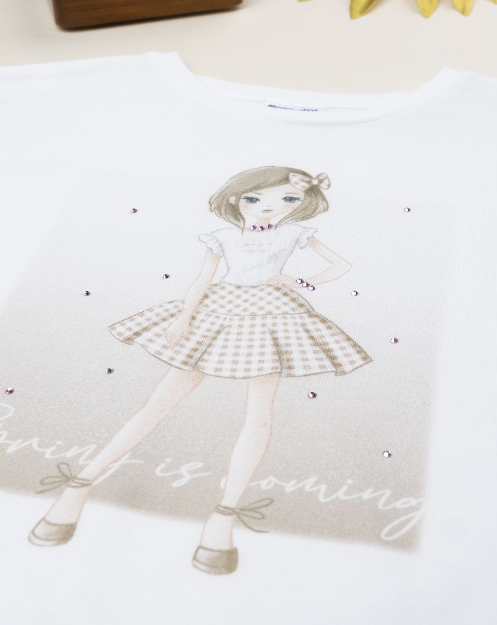 T-shirt bianca bambina vichy marrone