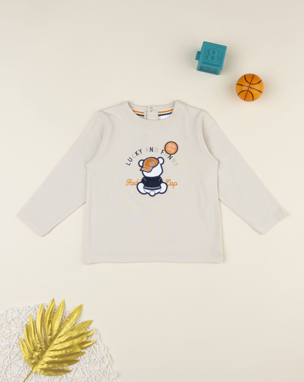 T-shirt bimbo beige stampa basket