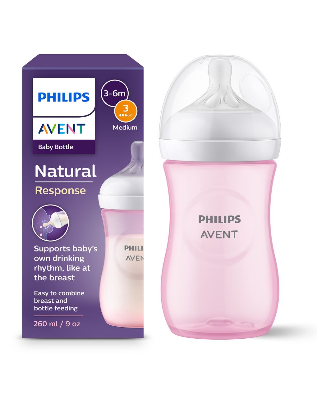 Biberon natural response rosa 260 ml, con tettarella flusso 3 (medio). età consigliata: 3-6m. biberon 1 pz: scy903/11 - philips avent