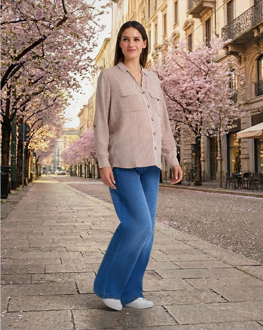 Camicia premaman righe bianche marroni con tasche