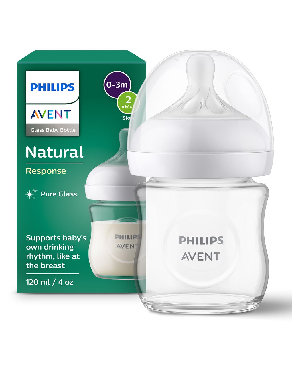 Biberon natural response in vetro 120 ml, con tettarella flusso 2 (lento). età consigliata: 0-3m. biberon 1 pz: scy930/01 - philips avent