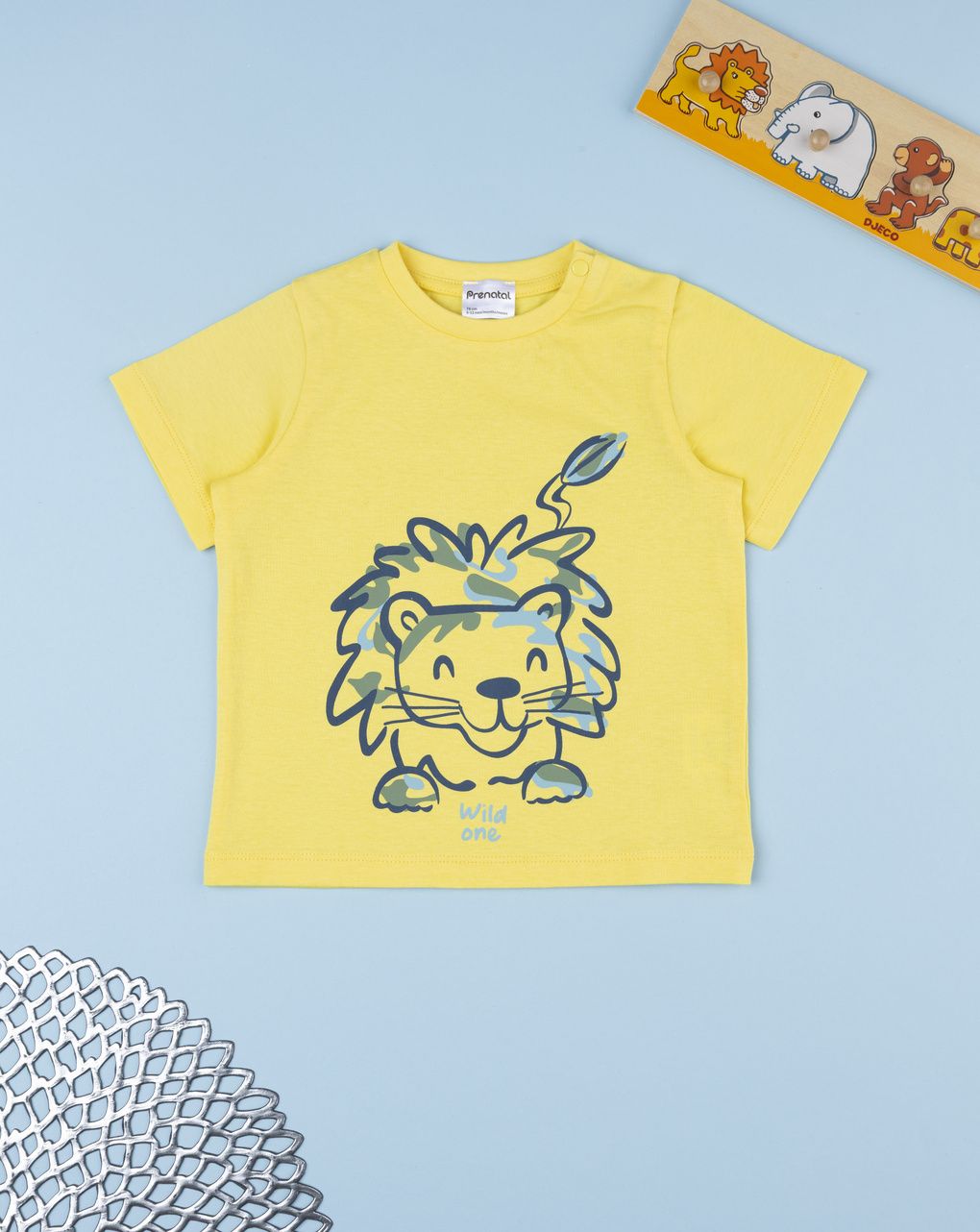 T-shirt bimbo gialla stampa leone