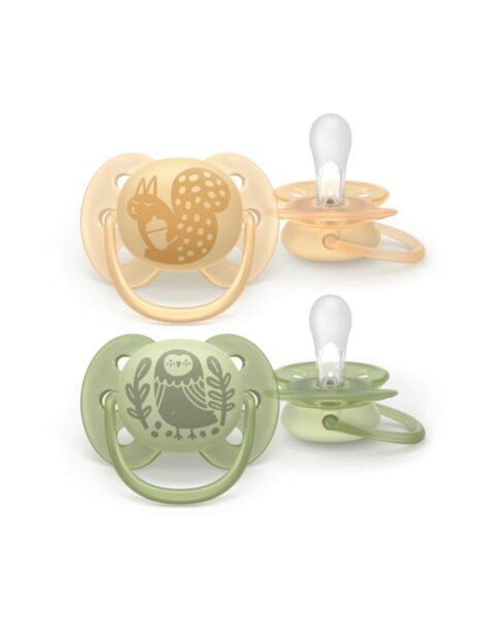 Succhietti ultra soft 6-18m pastello giallo e verde con decorazioni, a base vegetale - set da 2 ciucci - philips avent