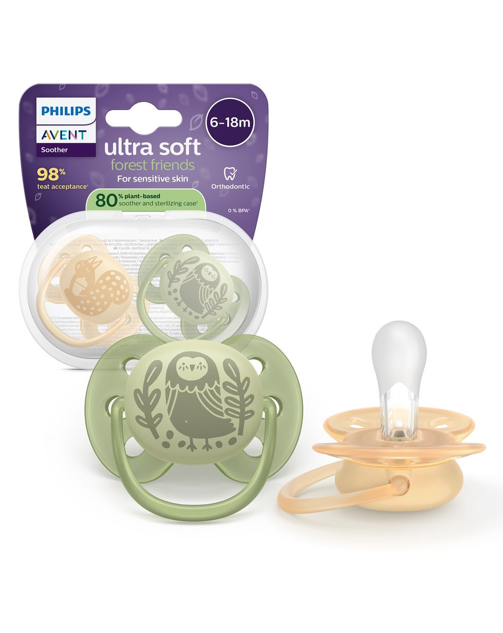 Succhietti ultra soft 6-18m pastello giallo e verde con decorazioni, a base vegetale - set da 2 ciucci - philips avent