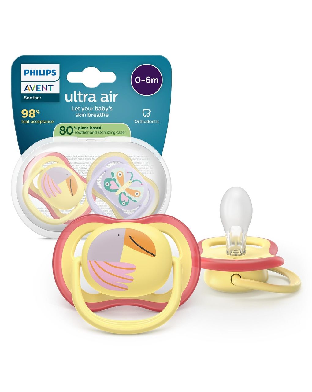 Succhietti ultra air 0-6m tucano e farfalla, a base vegetale - set da 2 ciucci - philips avent