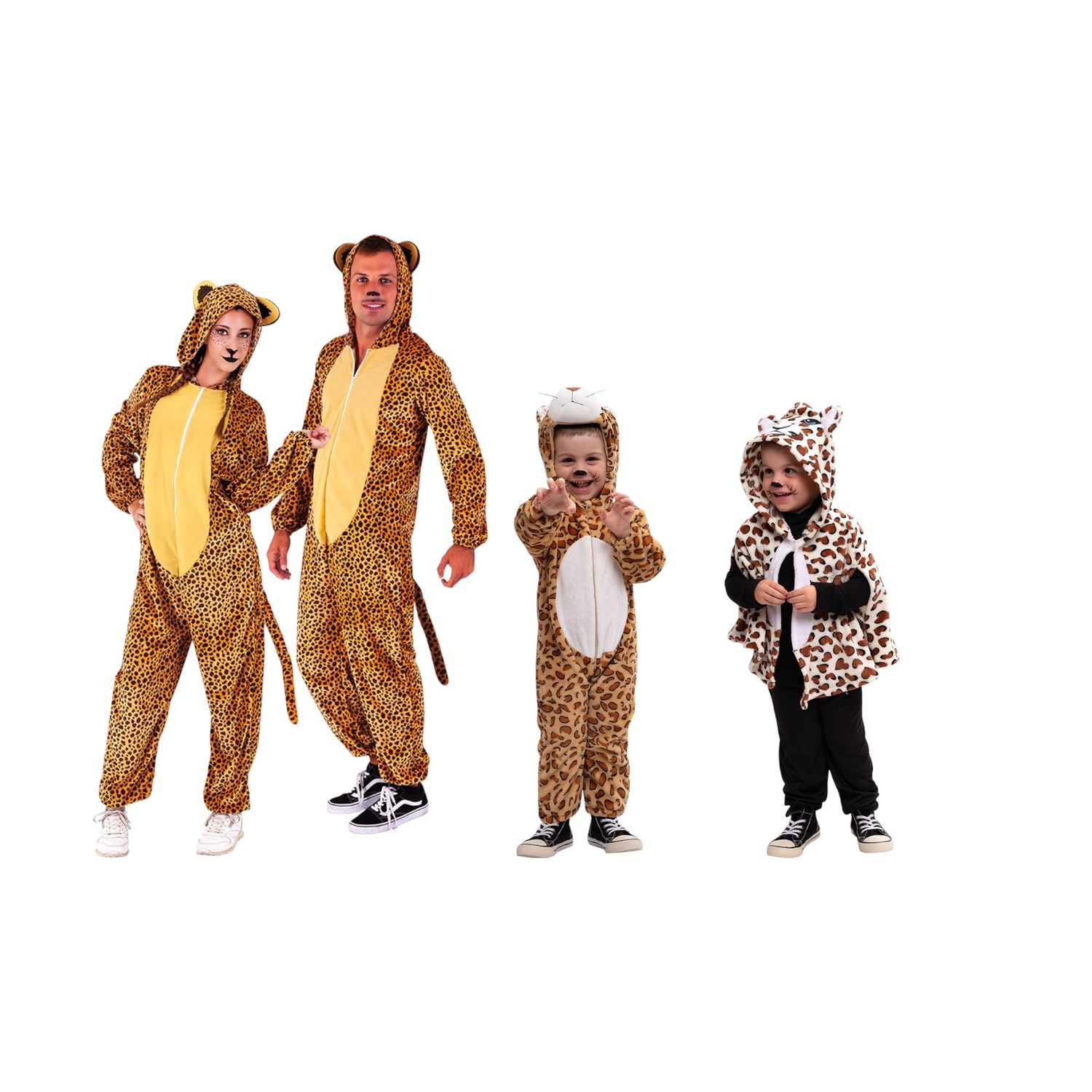 Costume famiglia leopardo: costume adulto taglia unica + costume bambino + mantellina leopardo