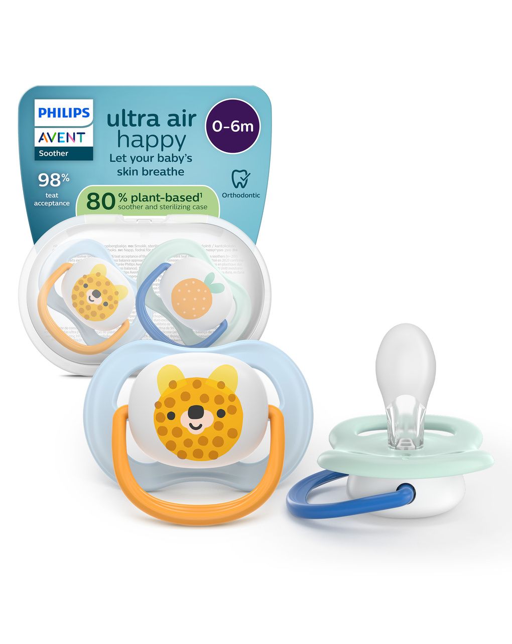 Succhietti ultra air collection 0-6m tigre e ananas, a base vegetale - set da 2 ciucci - philips avent