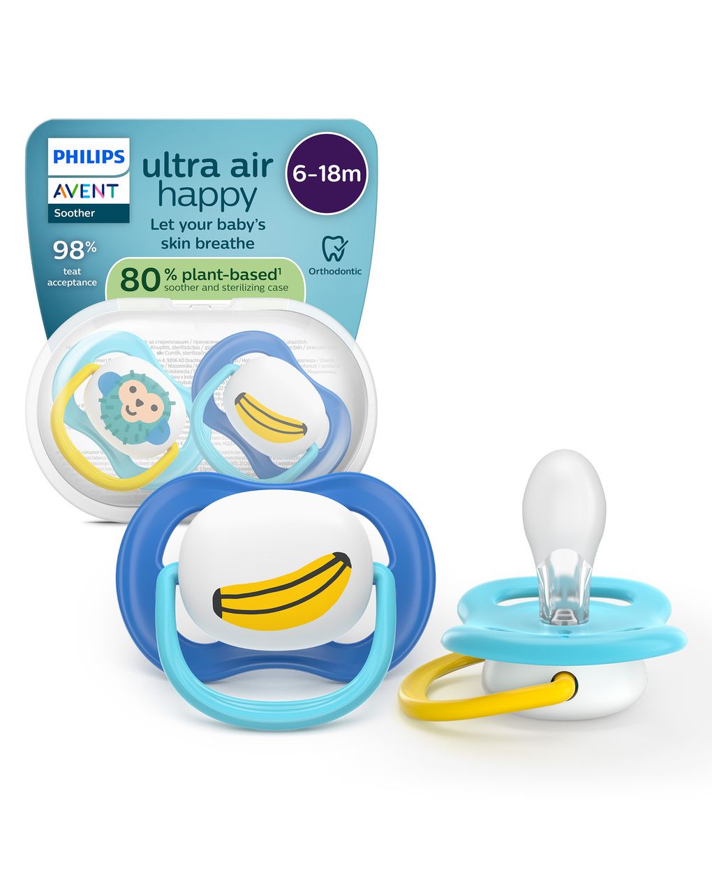Succhietti ultra air collection 6-18m scimmia e banana, a base vegetale - set da 2 ciucci - philips avent