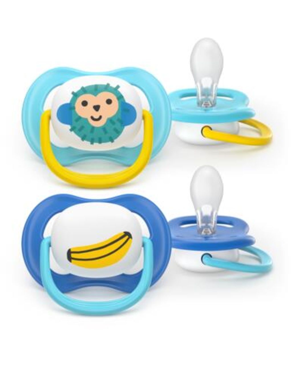 Succhietti ultra air collection 6-18m scimmia e banana, a base vegetale - set da 2 ciucci - philips avent