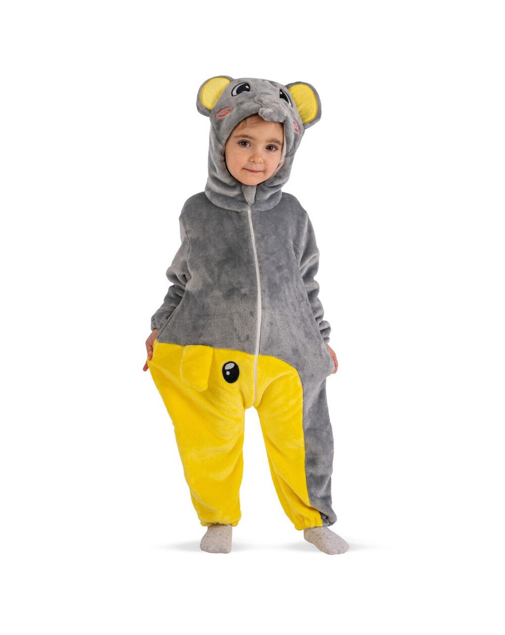 Tutina elefante in pile con cappuccio in busta con gancio