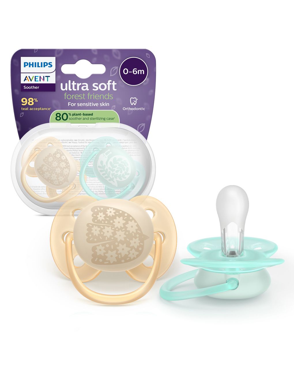 Succhietti ultra soft 0-6m pastello crema e azzurro con decorazioni, a base vegetale - set da 2 ciucci - philips avent
