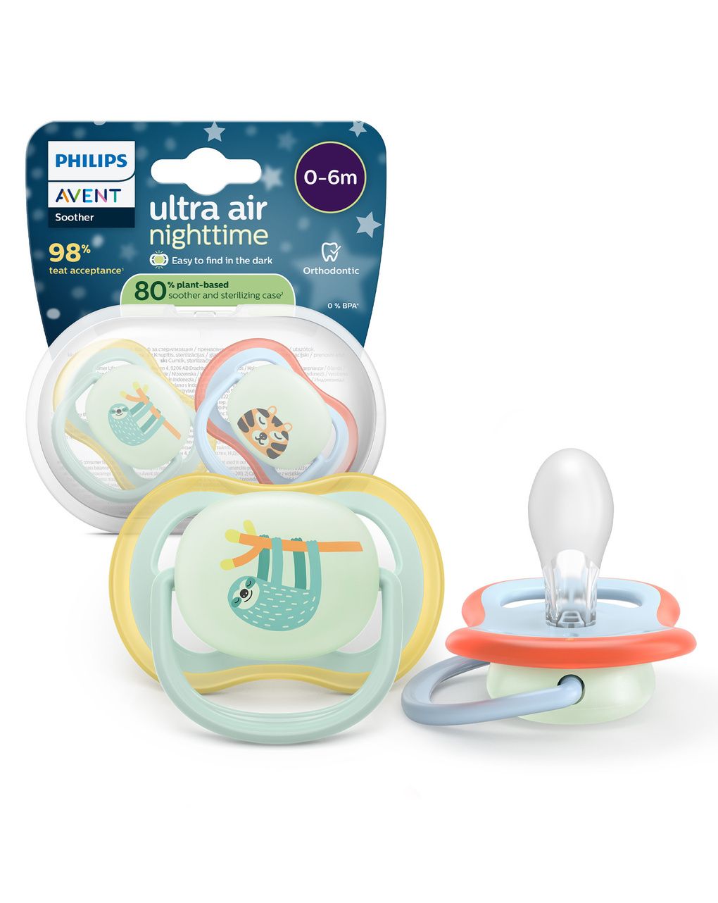 Succhietti ultra air night 0-6m bradipo e tigre, a base vegetale - set da 2 ciucci - philips avent