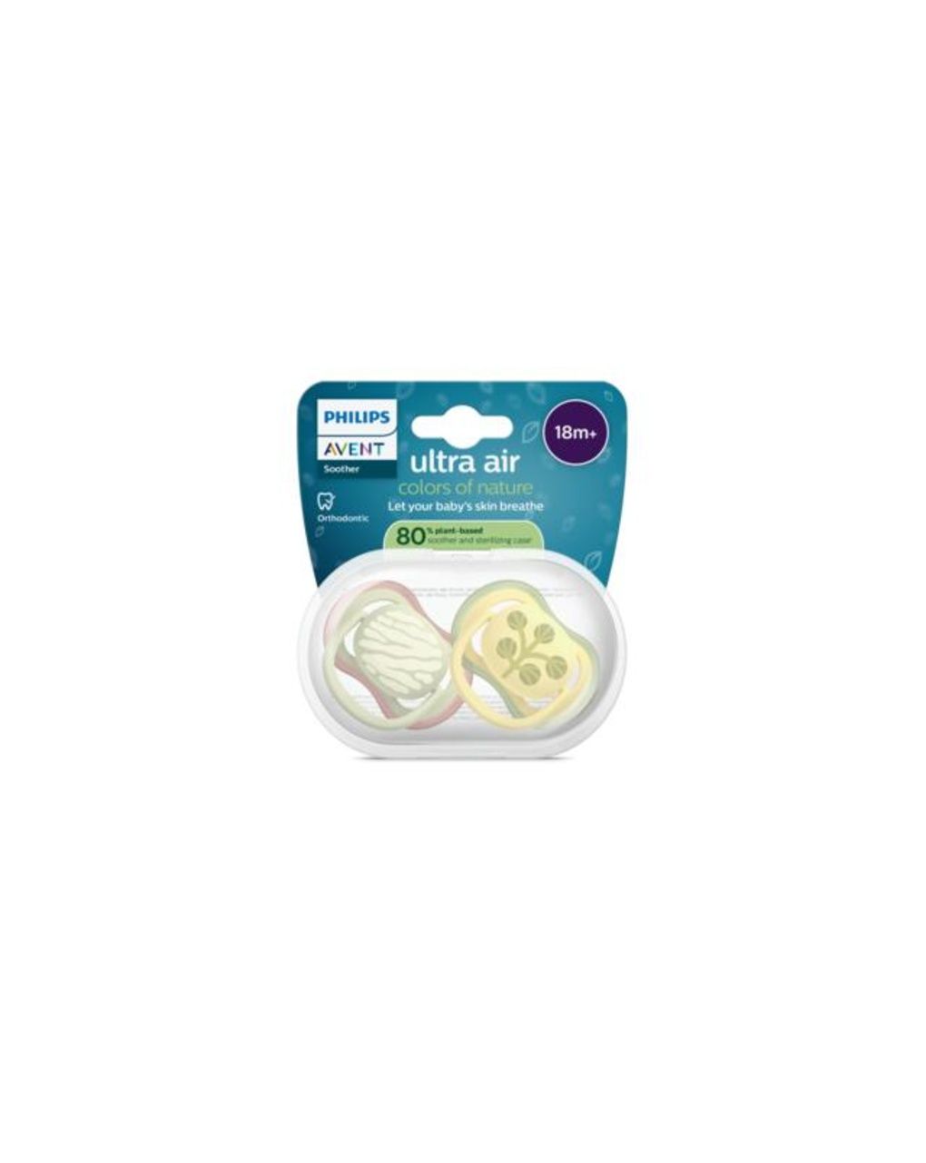 Succhietti ultra air 18m+ pastello verde e giallo con foglie, a base vegetale - set da 2 ciucci - philips avent