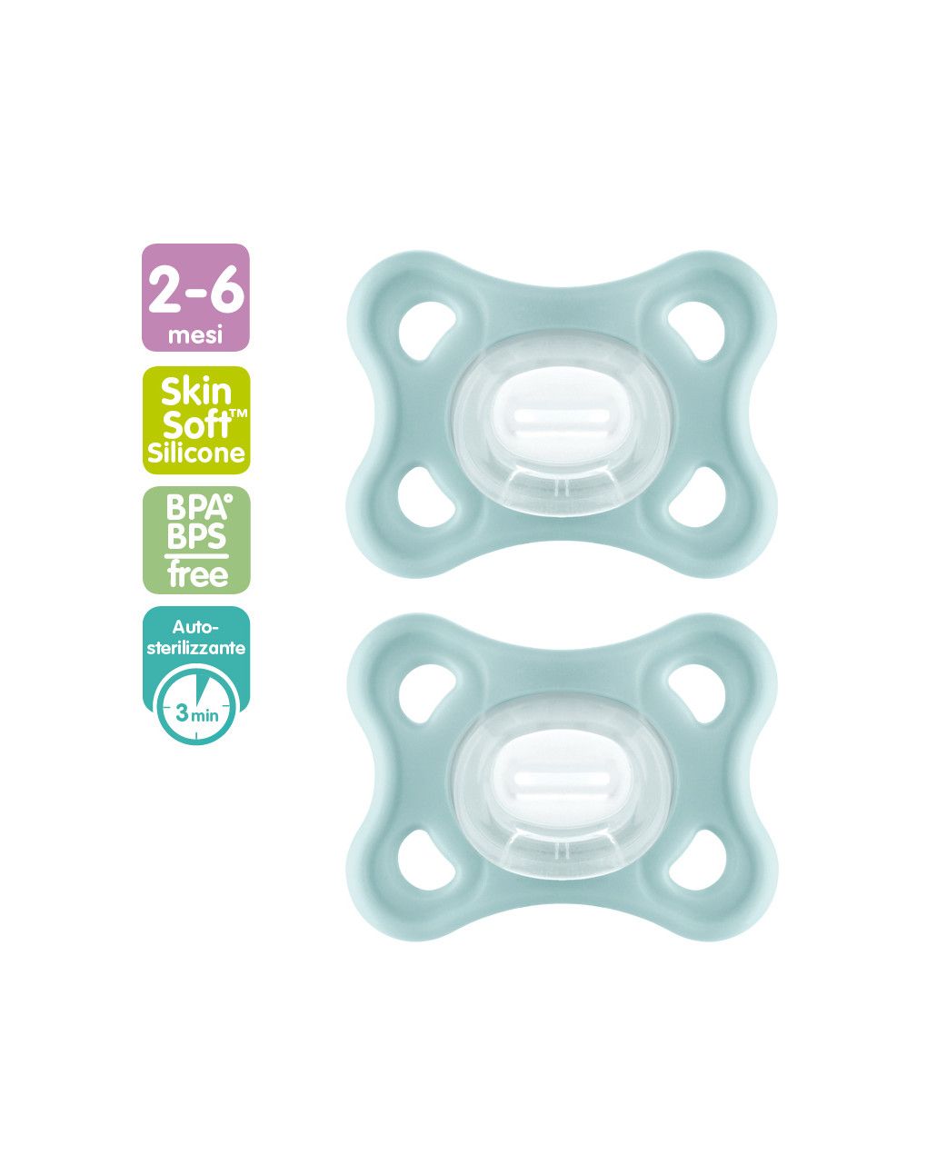 Succhietto comfort 3-12 mesi (set da 2), 100% silicone, con porta ciuccio sterilizzatore, neutro - mam