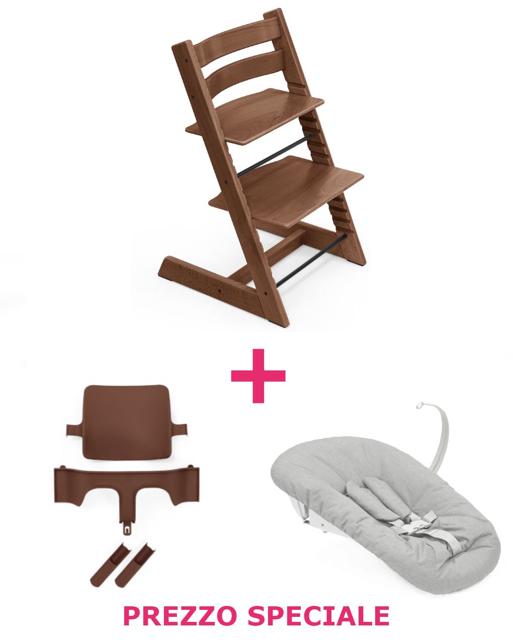 Tripp trapp® warm brown + babyset + newborn set grigio a un prezzo speciale – personalizzabile – stokke
