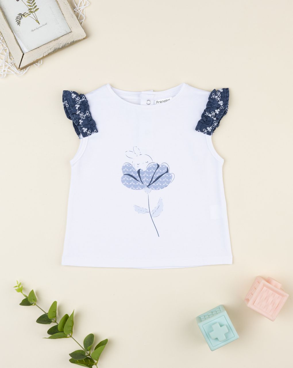 T-shirt bimba bianca/blu fiore