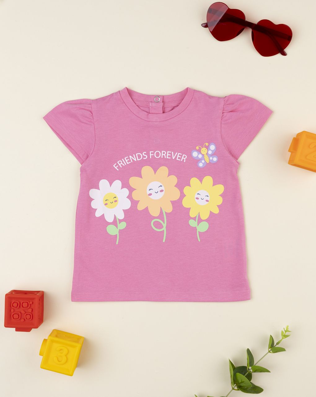 T-shirt bimba rosa stampa margherite