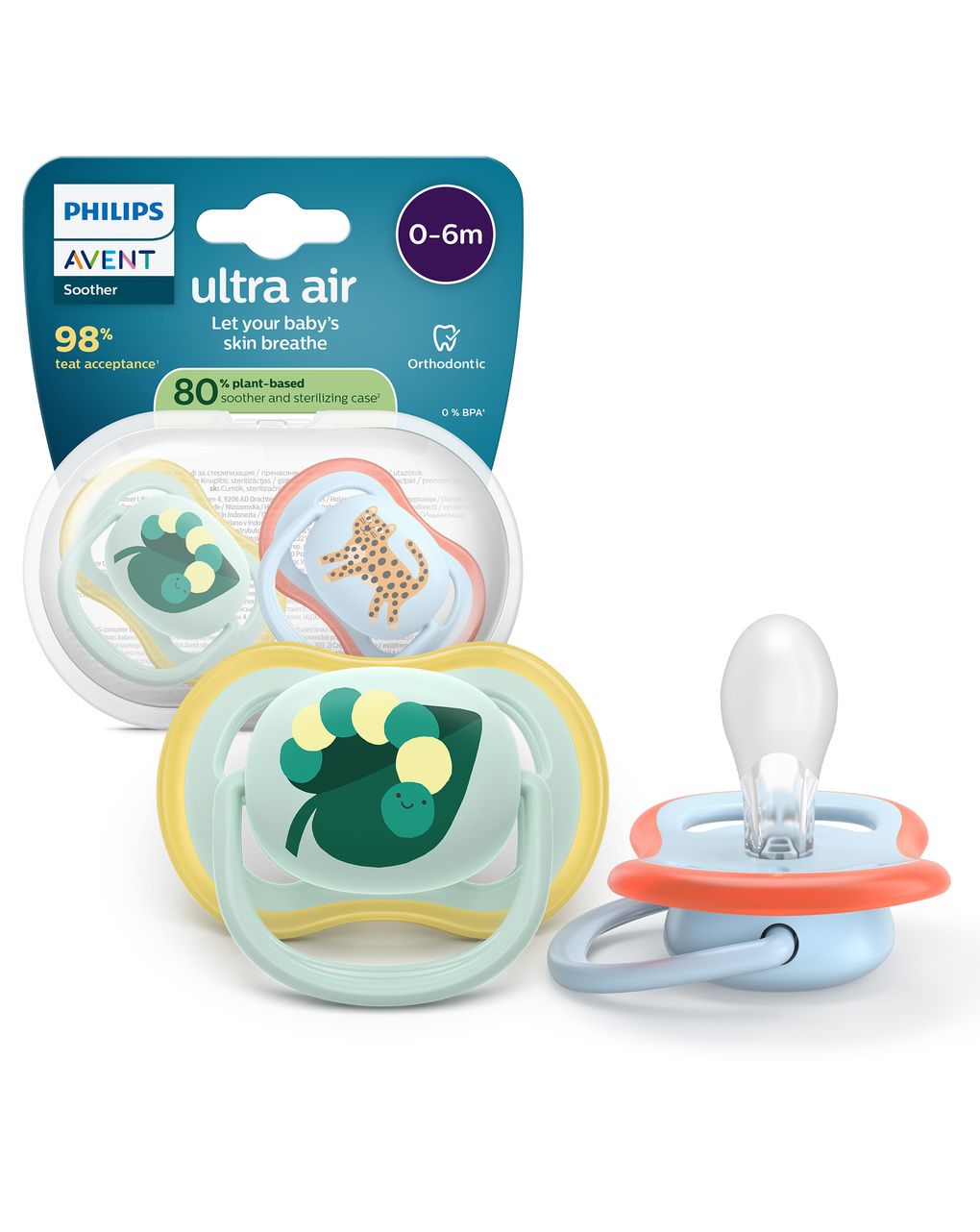 Succhietti ultra air 0-6m foglia e leopardo, a base vegetale - set da 2 ciucci - philips avent