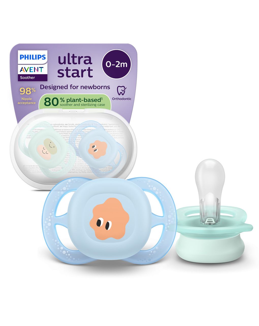 Succhietti ultra start 0-2m pastello verde e blu con decorazioni, a base vegetale - set da 2 ciucci - philips avent