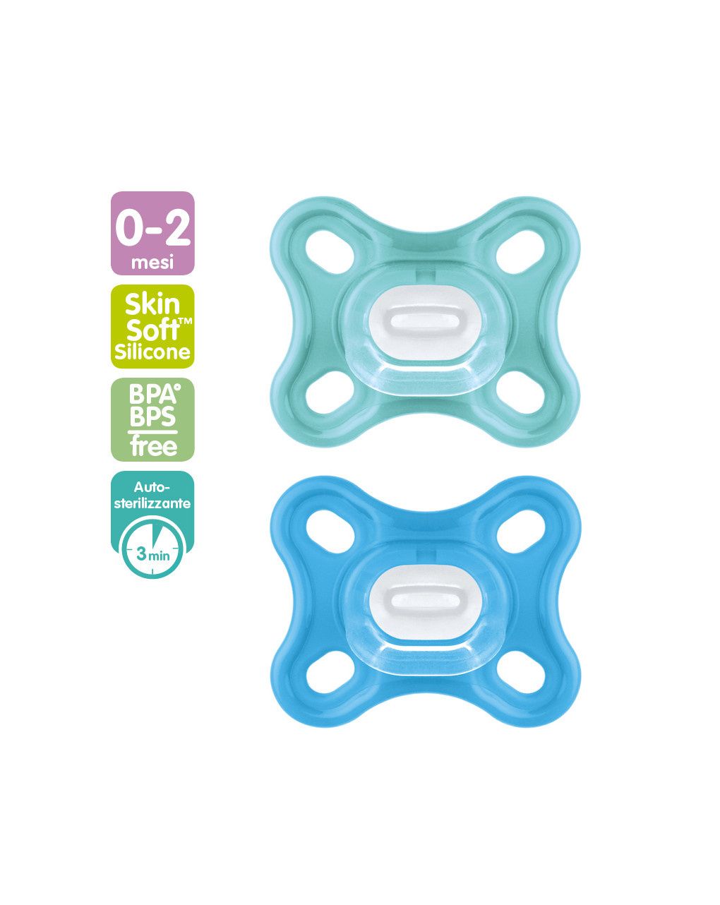 Succhietto comfort 0-3 mesi (set da 2), 100% silicone, con porta ciuccio sterilizzatore, azzurro - mam