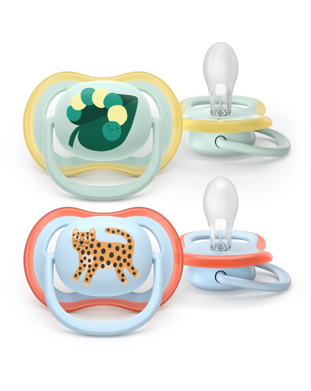 Succhietti ultra air 0-6m foglia e leopardo, a base vegetale - set da 2 ciucci - philips avent