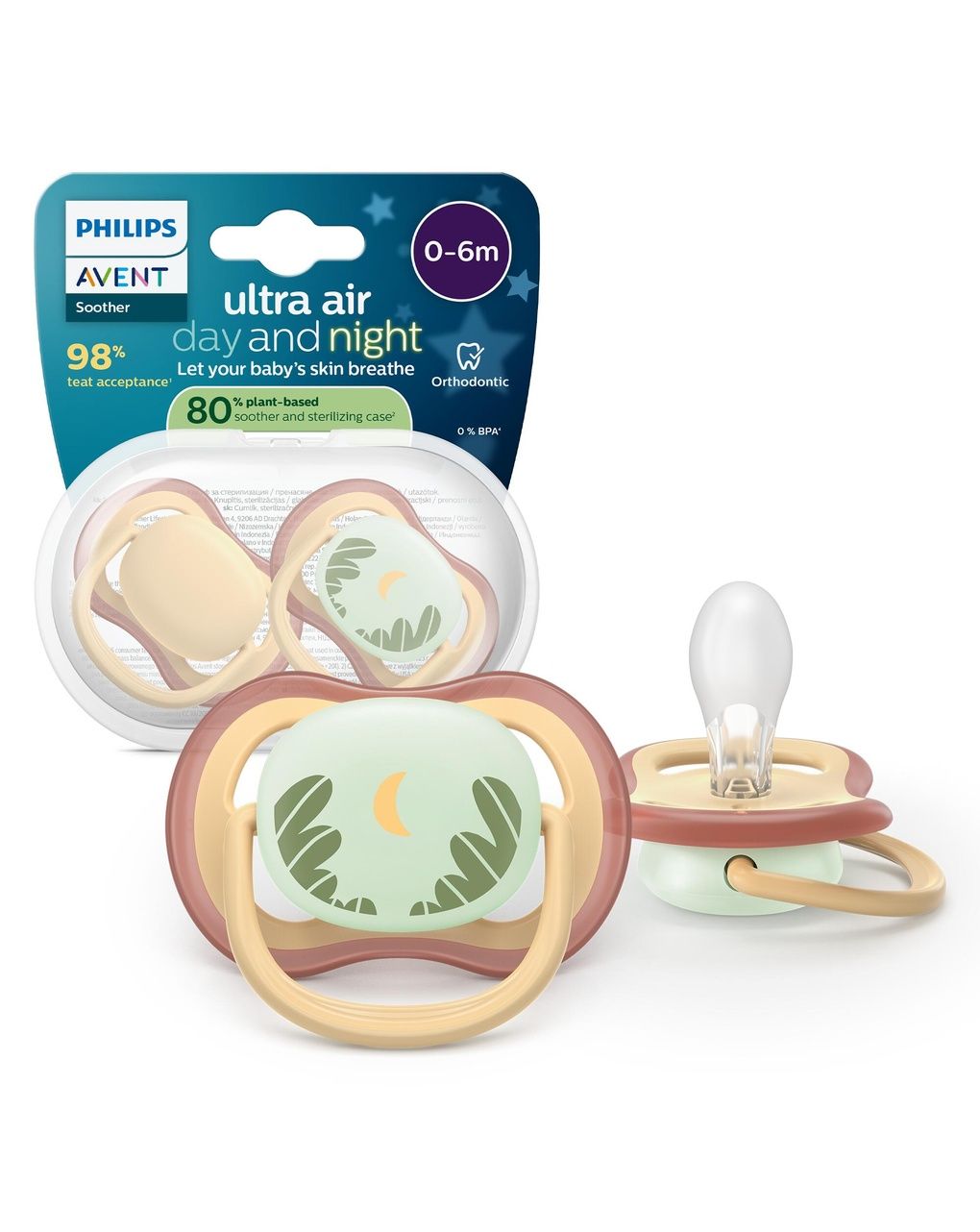 Succhietti ultra air day&night 0-6m pastello giallo e verde con luna, a base vegetale - set da 2 ciucci - philips avent