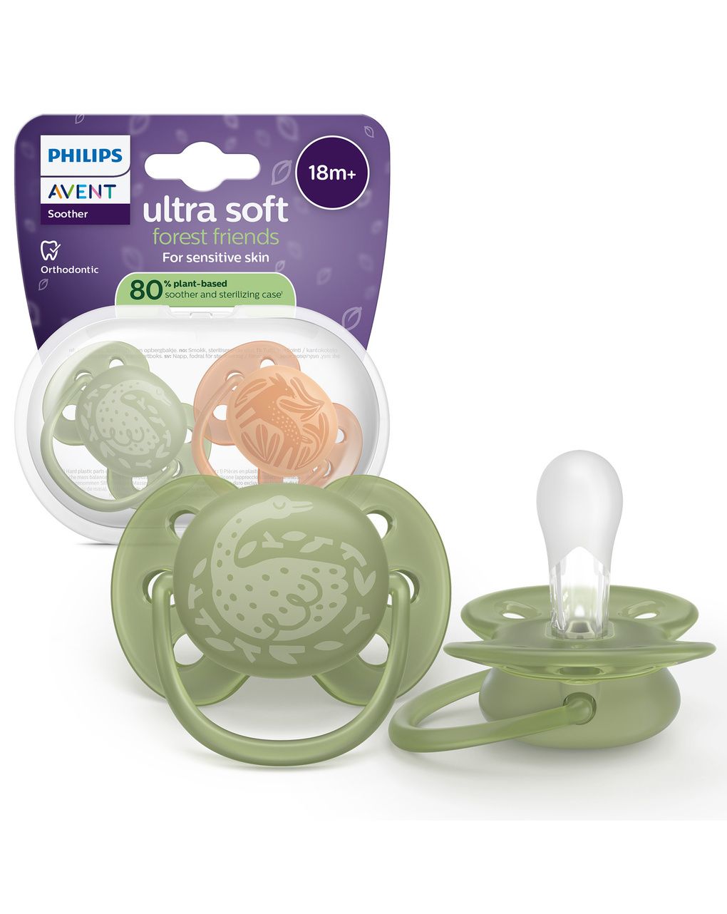 Succhietti ultra soft 18m+ pastello verde e marrone con decorazioni, a base vegetale - set da 2 ciucci - philips avent