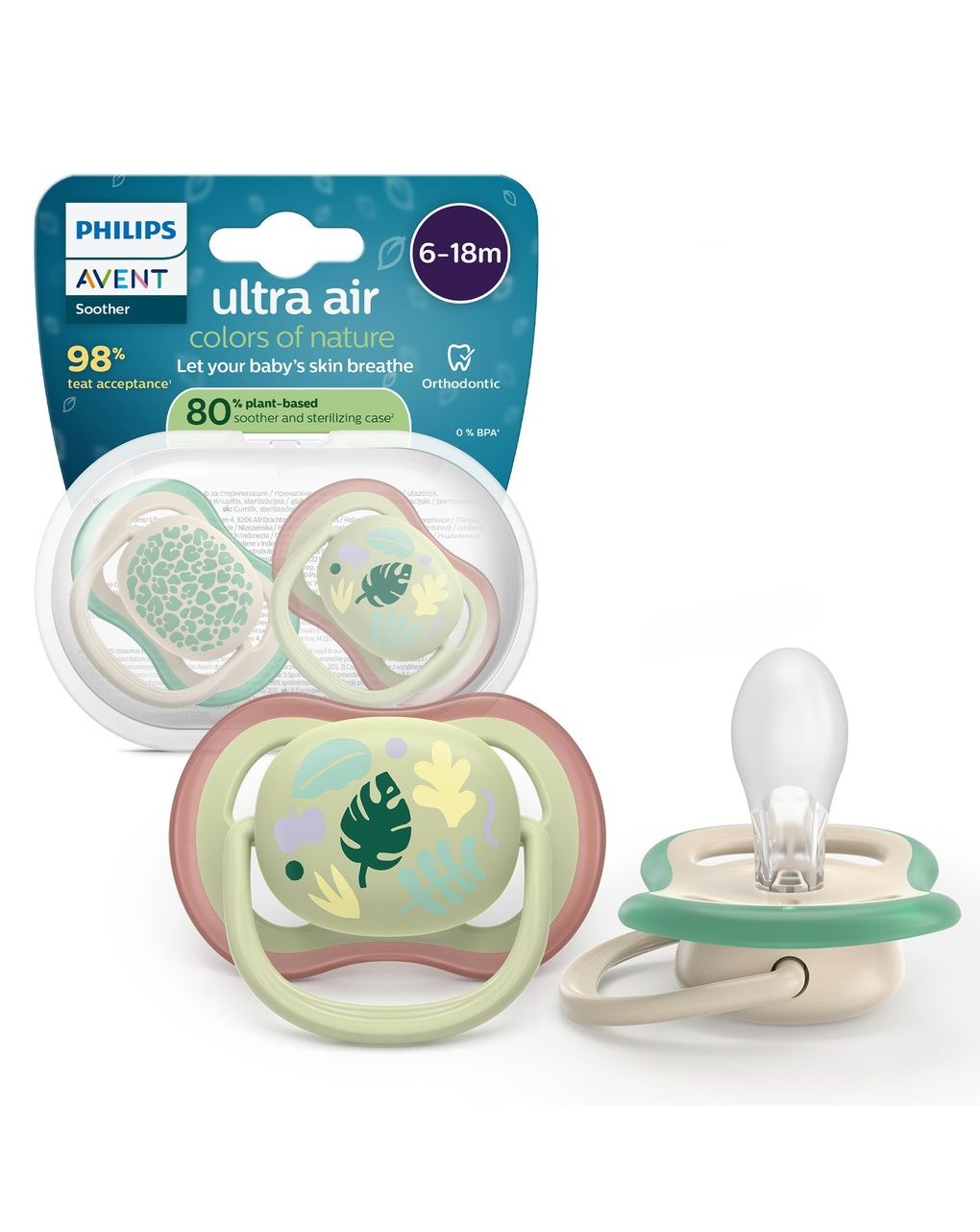 Succhietti ultra air 6-18m   pastello verde e marrone con foglie, a base vegetale - set da 2 ciucci - philips avent