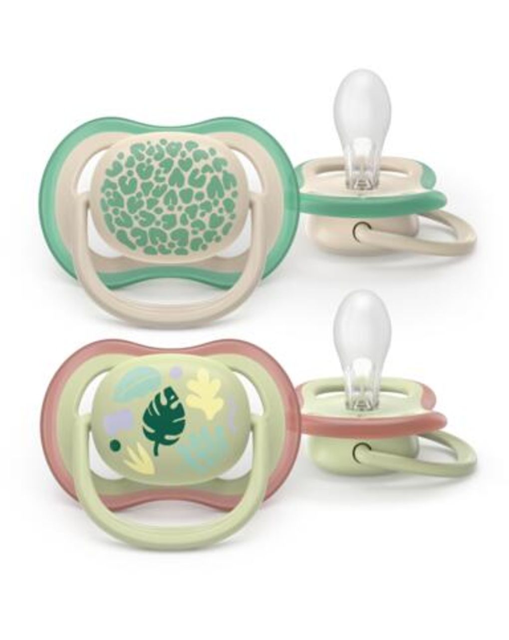 Succhietti ultra air 6-18m   pastello verde e marrone con foglie, a base vegetale - set da 2 ciucci - philips avent