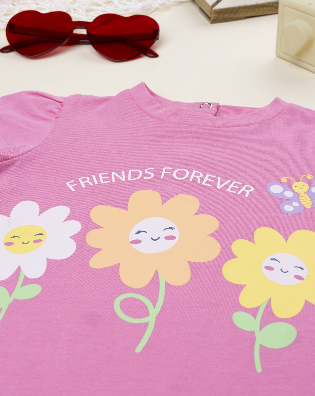 T-shirt bimba rosa stampa margherite