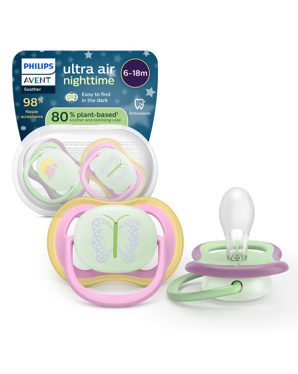 Succhietti ultra air night 6-18m uccellino e farfalla, a base vegetale - set da 2 ciucci - philips avent
