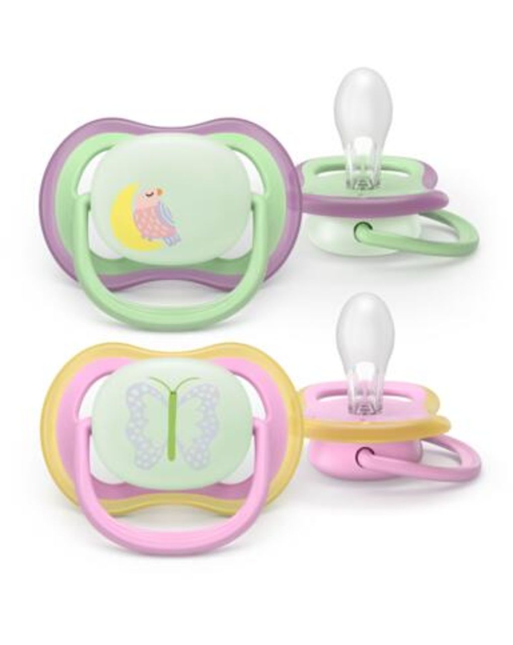 Succhietti ultra air night 6-18m uccellino e farfalla, a base vegetale - set da 2 ciucci - philips avent