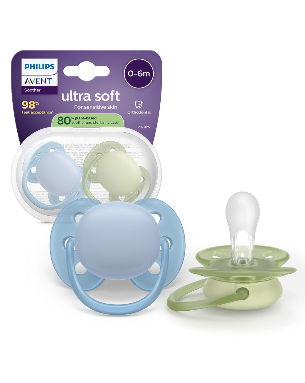 Succhietti ultra soft 0-6m pastello blu e verde, a base vegetale - set da 2 ciucci - philips avent